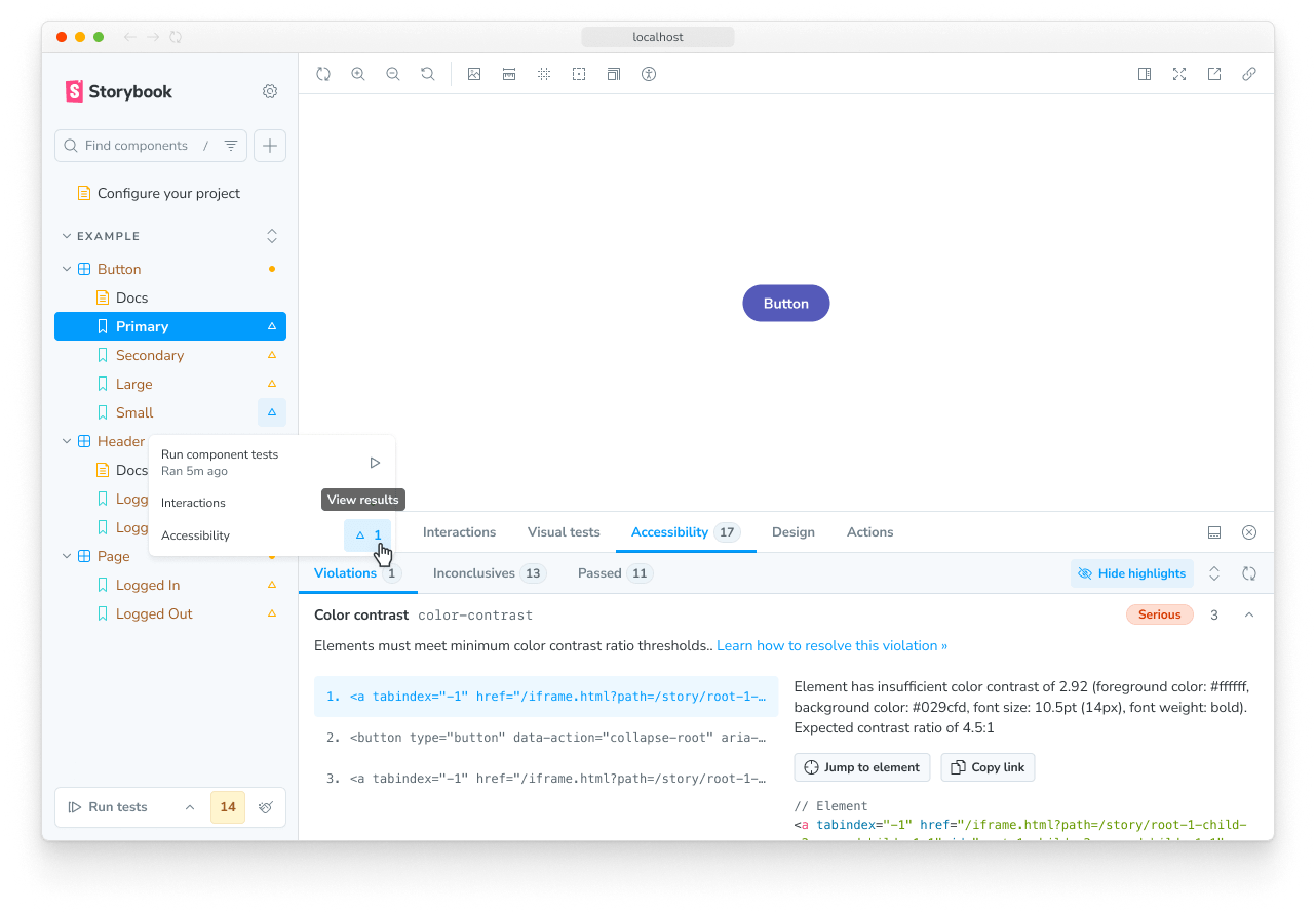 Storybook accessibility addon, with accessibility violations and checks in view